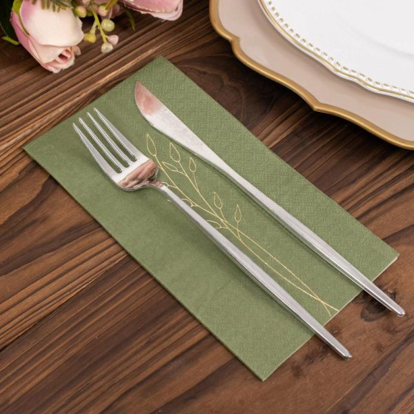 Eco-Friendly Natural Tableware |  50 Pack Olive Green 2 Ply Paper Dinner Napkins with Gold Embossed Leaf, Soft Disposable Wedding Party Napkins – 18 GSM