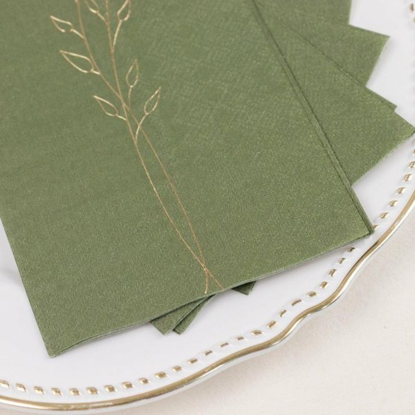 Eco-Friendly Natural Tableware |  50 Pack Olive Green 2 Ply Paper Dinner Napkins with Gold Embossed Leaf, Soft Disposable Wedding Party Napkins – 18 GSM