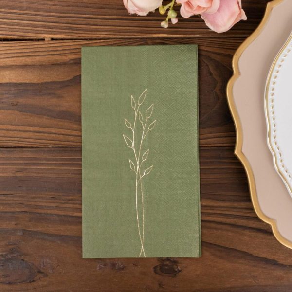 Eco-Friendly Natural Tableware |  50 Pack Olive Green 2 Ply Paper Dinner Napkins with Gold Embossed Leaf, Soft Disposable Wedding Party Napkins – 18 GSM