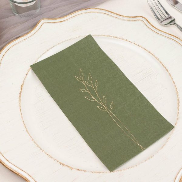 Eco-Friendly Natural Tableware |  50 Pack Olive Green 2 Ply Paper Dinner Napkins with Gold Embossed Leaf, Soft Disposable Wedding Party Napkins – 18 GSM