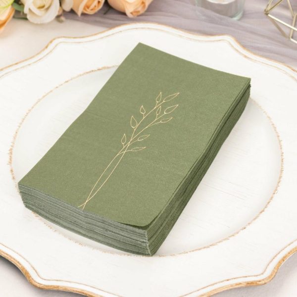 Eco-Friendly Natural Tableware |  50 Pack Olive Green 2 Ply Paper Dinner Napkins with Gold Embossed Leaf, Soft Disposable Wedding Party Napkins – 18 GSM