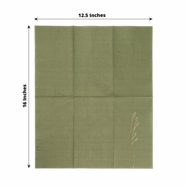 Eco-Friendly Natural Tableware |  50 Pack Olive Green 2 Ply Paper Dinner Napkins with Gold Embossed Leaf, Soft Disposable Wedding Party Napkins – 18 GSM