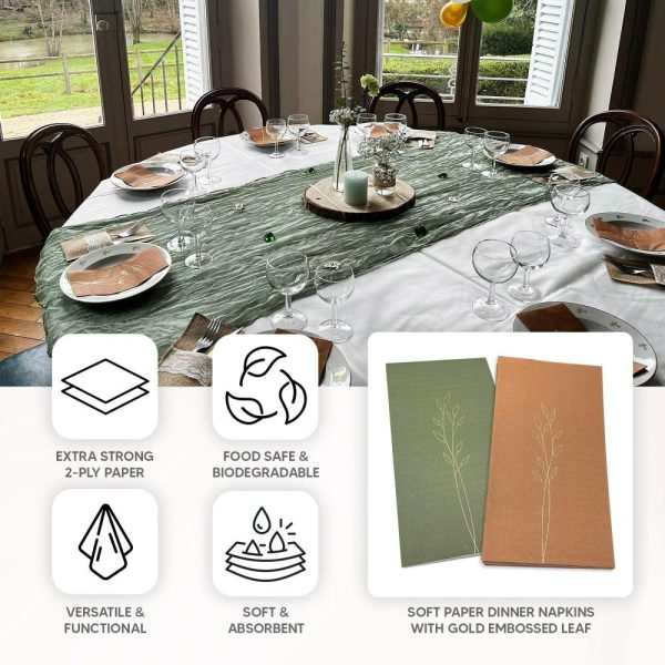 Eco-Friendly Natural Tableware |  50 Pack Olive Green 2 Ply Paper Dinner Napkins with Gold Embossed Leaf, Soft Disposable Wedding Party Napkins – 18 GSM