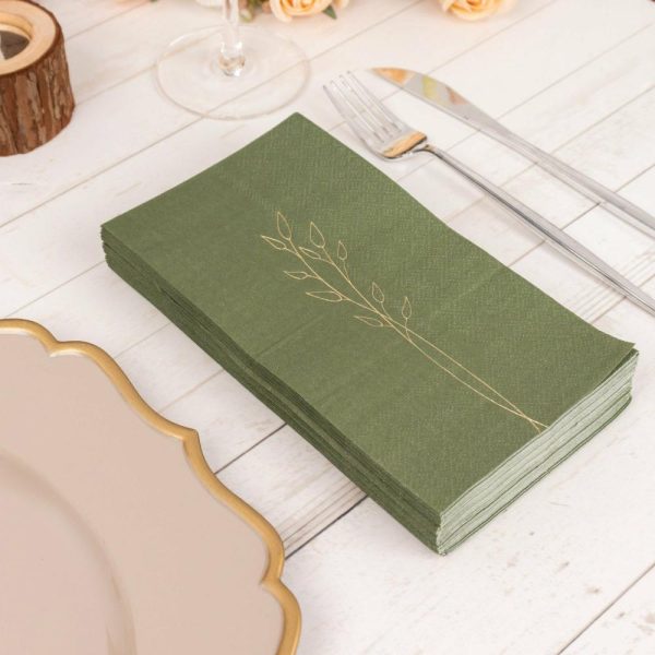 Eco-Friendly Natural Tableware |  50 Pack Olive Green 2 Ply Paper Dinner Napkins with Gold Embossed Leaf, Soft Disposable Wedding Party Napkins – 18 GSM