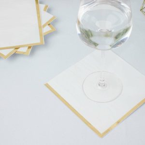 Eco-Friendly Natural Tableware |  50 Pack White Soft 2 Ply Disposable Cocktail Napkins with Gold Foil Edge, Paper Beverage Napkins – 6.5″x6.5″