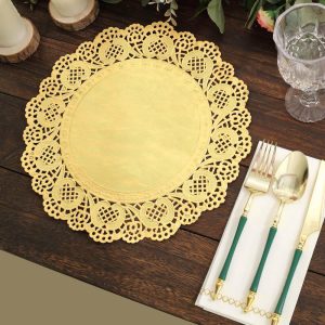 Eco-Friendly Natural Tableware |  50 Pcs 12″ Round Gold Lace Paper Doilies, Food Grade Paper Placemats