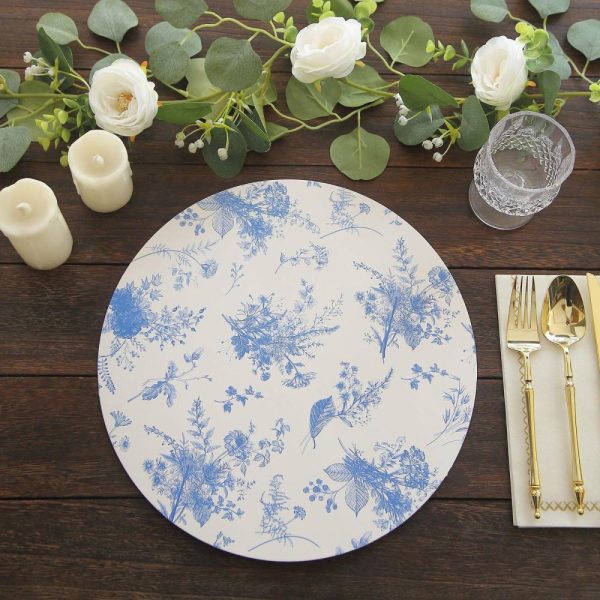 Eco-Friendly Natural Tableware |  6 Pack White Blue Cardboard Paper Charger Plates in French Toile Floral Pattern, 13″ Round Disposable Placemats- 700 GSM