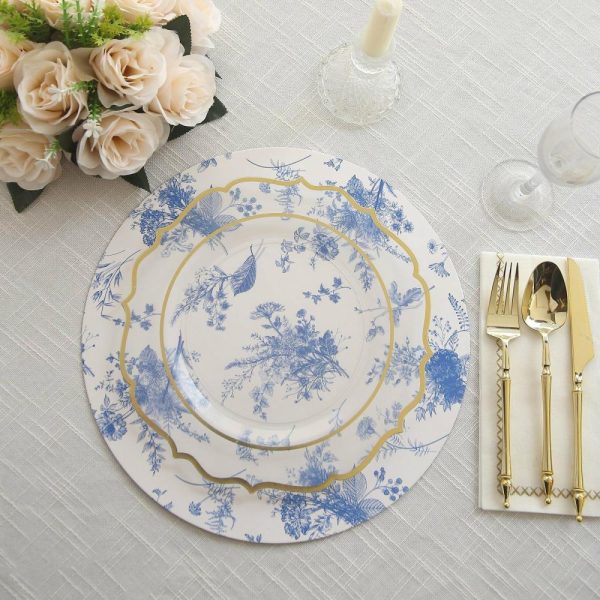 Eco-Friendly Natural Tableware |  6 Pack White Blue Cardboard Paper Charger Plates in French Toile Floral Pattern, 13″ Round Disposable Placemats- 700 GSM