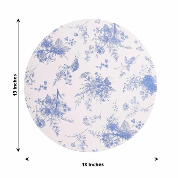 Eco-Friendly Natural Tableware |  6 Pack White Blue Cardboard Paper Charger Plates in French Toile Floral Pattern, 13″ Round Disposable Placemats- 700 GSM