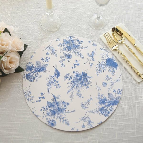 Eco-Friendly Natural Tableware |  6 Pack White Blue Cardboard Paper Charger Plates in French Toile Floral Pattern, 13″ Round Disposable Placemats- 700 GSM