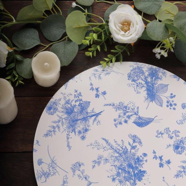 Eco-Friendly Natural Tableware |  6 Pack White Blue Cardboard Paper Charger Plates in French Toile Floral Pattern, 13″ Round Disposable Placemats- 700 GSM