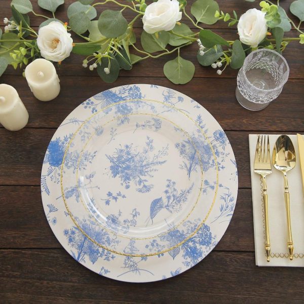 Eco-Friendly Natural Tableware |  6 Pack White Blue Cardboard Paper Charger Plates in French Toile Floral Pattern, 13″ Round Disposable Placemats- 700 GSM