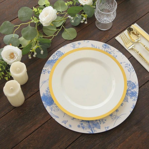 Eco-Friendly Natural Tableware |  6 Pack White Blue Cardboard Paper Charger Plates in French Toile Floral Pattern, 13″ Round Disposable Placemats- 700 GSM