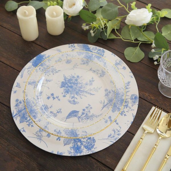 Eco-Friendly Natural Tableware |  6 Pack White Blue Cardboard Paper Charger Plates in French Toile Floral Pattern, 13″ Round Disposable Placemats- 700 GSM