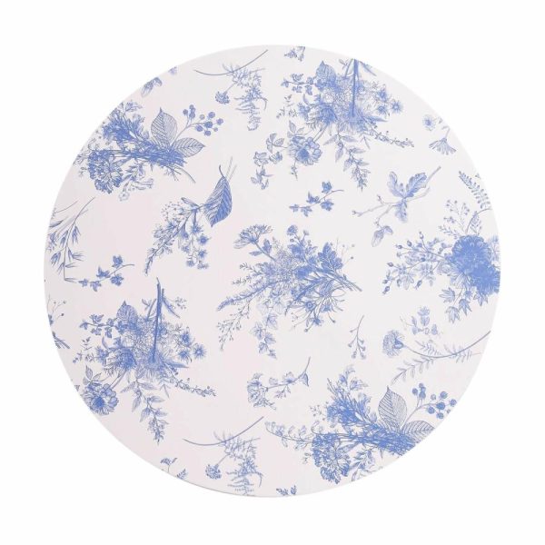 Eco-Friendly Natural Tableware |  6 Pack White Blue Cardboard Paper Charger Plates in French Toile Floral Pattern, 13″ Round Disposable Placemats- 700 GSM