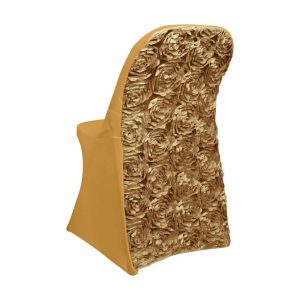 Folding Chair Covers |  Gold Satin Rosette Spandex Stretch Fitted Folding Chair Cover