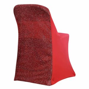 Folding Chair Covers |  Red Spandex Stretch Folding Chair Cover, Fitted Chair Cover with Metallic Shimmer Tinsel Back