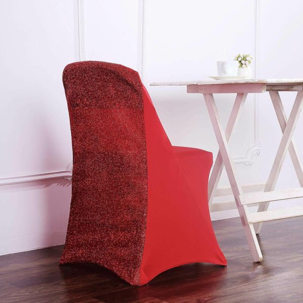 Folding Chair Covers |  Red Spandex Stretch Folding Chair Cover, Fitted Chair Cover with Metallic Shimmer Tinsel Back