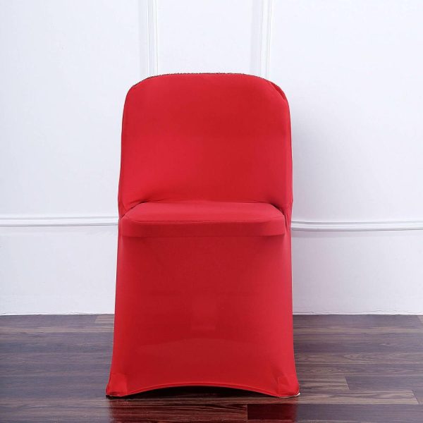 Folding Chair Covers |  Red Spandex Stretch Folding Chair Cover, Fitted Chair Cover with Metallic Shimmer Tinsel Back