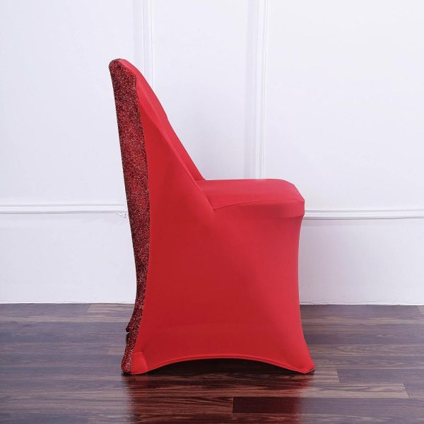 Folding Chair Covers |  Red Spandex Stretch Folding Chair Cover, Fitted Chair Cover with Metallic Shimmer Tinsel Back