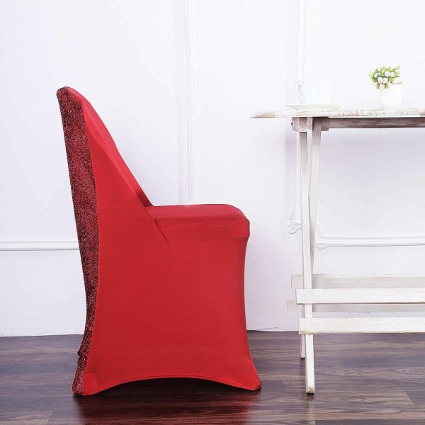 Folding Chair Covers |  Red Spandex Stretch Folding Chair Cover, Fitted Chair Cover with Metallic Shimmer Tinsel Back