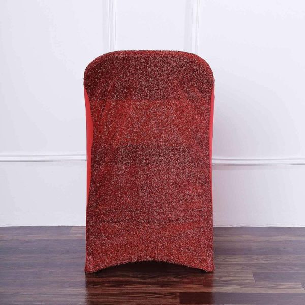 Folding Chair Covers |  Red Spandex Stretch Folding Chair Cover, Fitted Chair Cover with Metallic Shimmer Tinsel Back