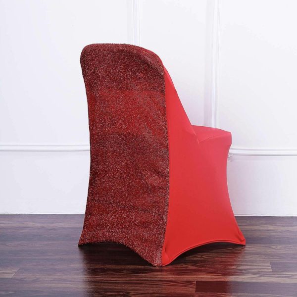 Folding Chair Covers |  Red Spandex Stretch Folding Chair Cover, Fitted Chair Cover with Metallic Shimmer Tinsel Back