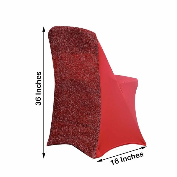 Folding Chair Covers |  Red Spandex Stretch Folding Chair Cover, Fitted Chair Cover with Metallic Shimmer Tinsel Back