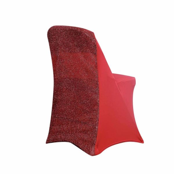 Folding Chair Covers |  Red Spandex Stretch Folding Chair Cover, Fitted Chair Cover with Metallic Shimmer Tinsel Back