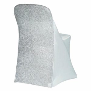 Folding Chair Covers |  Silver Spandex Stretch Folding Chair Cover, Fitted Chair Cover with Metallic Shimmer Tinsel Back