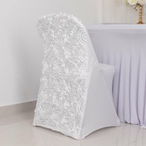 Folding Chair Covers |  White Satin Rosette Spandex Stretch Fitted Folding Chair Cover