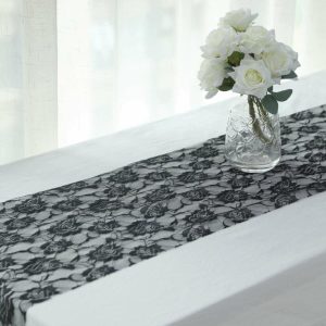 Jute Burlap & Lace Runners |  12″x108″ Black Vintage Rose Flower Lace Table Runner