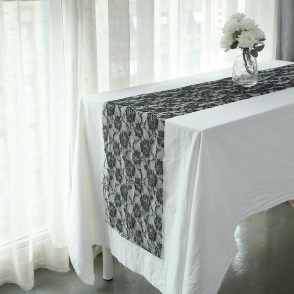 Jute Burlap & Lace Runners |  12″x108″ Black Vintage Rose Flower Lace Table Runner