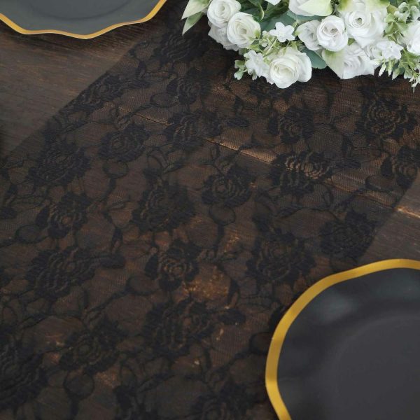 Jute Burlap & Lace Runners |  12″x108″ Black Vintage Rose Flower Lace Table Runner