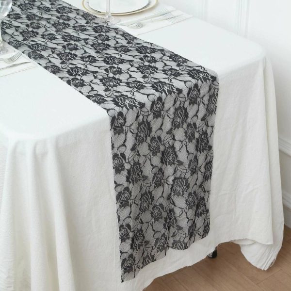 Jute Burlap & Lace Runners |  12″x108″ Black Vintage Rose Flower Lace Table Runner