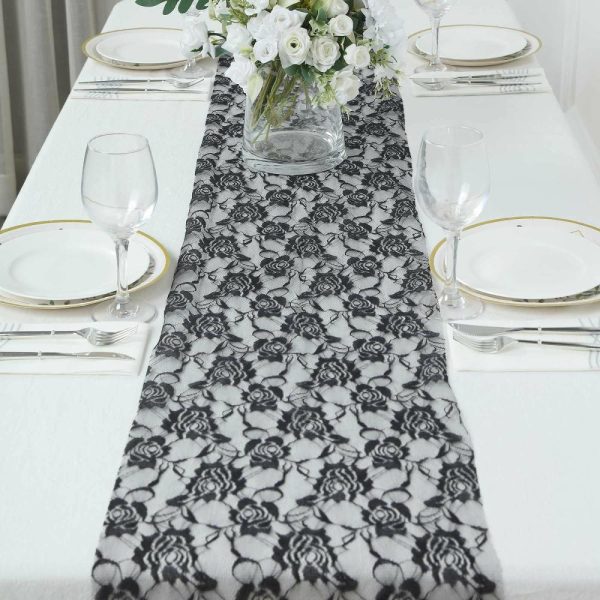 Jute Burlap & Lace Runners |  12″x108″ Black Vintage Rose Flower Lace Table Runner