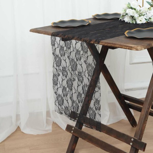 Jute Burlap & Lace Runners |  12″x108″ Black Vintage Rose Flower Lace Table Runner