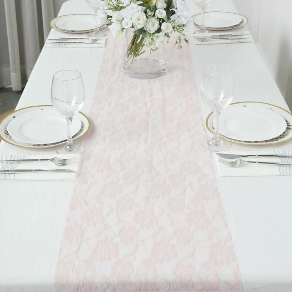 Jute Burlap & Lace Runners |  12″x108″ Blush Vintage Rose Flower Lace Table Runner