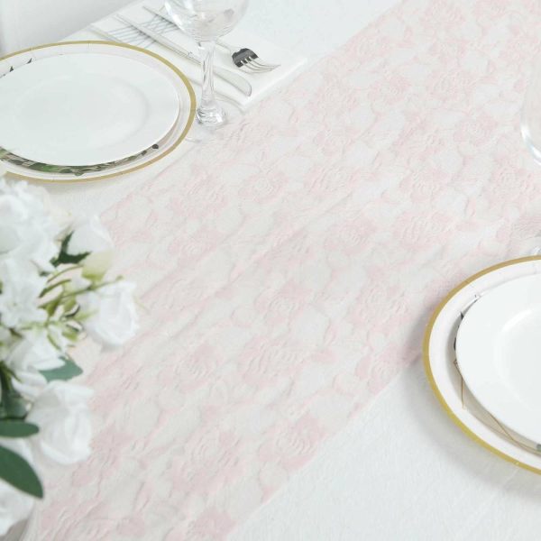 Jute Burlap & Lace Runners |  12″x108″ Blush Vintage Rose Flower Lace Table Runner