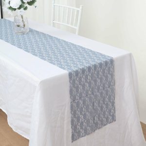 Jute Burlap & Lace Runners |  12″x108″ Dusty Blue Floral Lace Table Runner