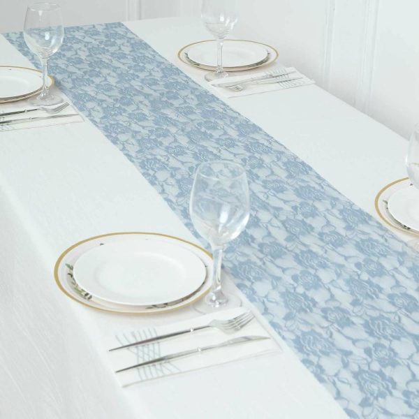 Jute Burlap & Lace Runners |  12″x108″ Dusty Blue Vintage Rose Flower Lace Table Runner