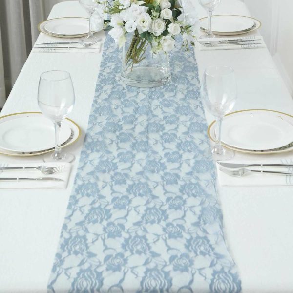 Jute Burlap & Lace Runners |  12″x108″ Dusty Blue Vintage Rose Flower Lace Table Runner