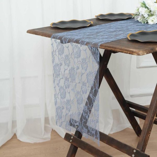 Jute Burlap & Lace Runners |  12″x108″ Dusty Blue Vintage Rose Flower Lace Table Runner