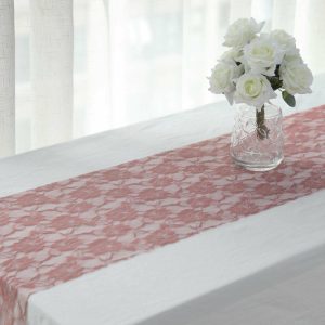 Jute Burlap & Lace Runners |  12″x108″ Dusty Rose Floral Lace Table Runner