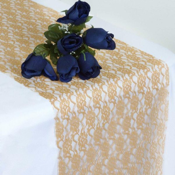 Jute Burlap & Lace Runners |  12″x108″ Gold Floral Lace Table Runner