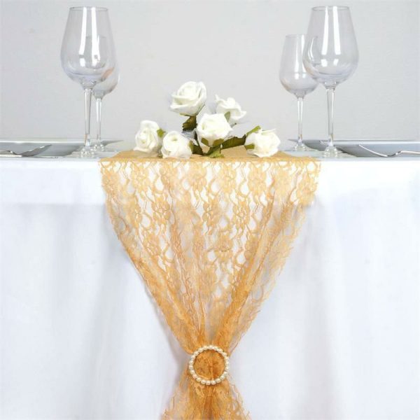 Jute Burlap & Lace Runners |  12″x108″ Gold Floral Lace Table Runner