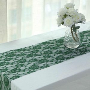 Jute Burlap & Lace Runners |  12″x108″ Hunter Emerald Green Vintage Rose Flower Lace Table Runner