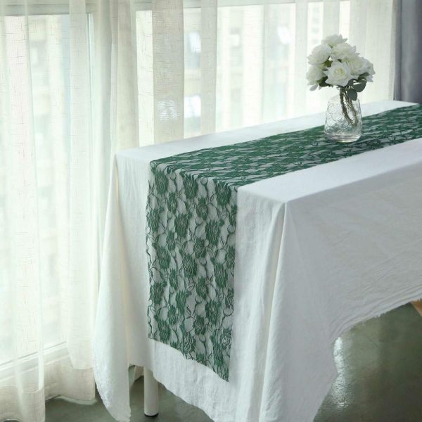 Jute Burlap & Lace Runners |  12″x108″ Hunter Emerald Green Vintage Rose Flower Lace Table Runner