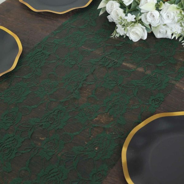 Jute Burlap & Lace Runners |  12″x108″ Hunter Emerald Green Vintage Rose Flower Lace Table Runner