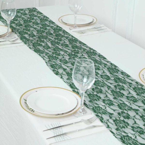 Jute Burlap & Lace Runners |  12″x108″ Hunter Emerald Green Vintage Rose Flower Lace Table Runner